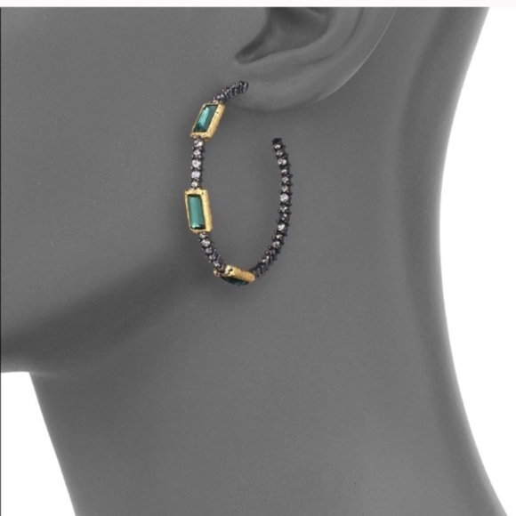 Alexis Bittar Lightweight Turquoise Black Gold Baguette Punk Hoop Post Earrings - Picture 6 of 9